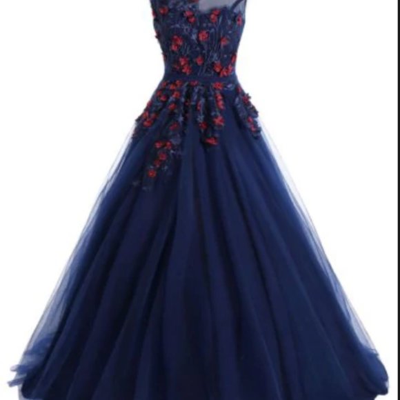 #10 - PURPLISH BLUE Floral Applique Mesh Maxi Prom Evening Dress - Picture 7 of 8